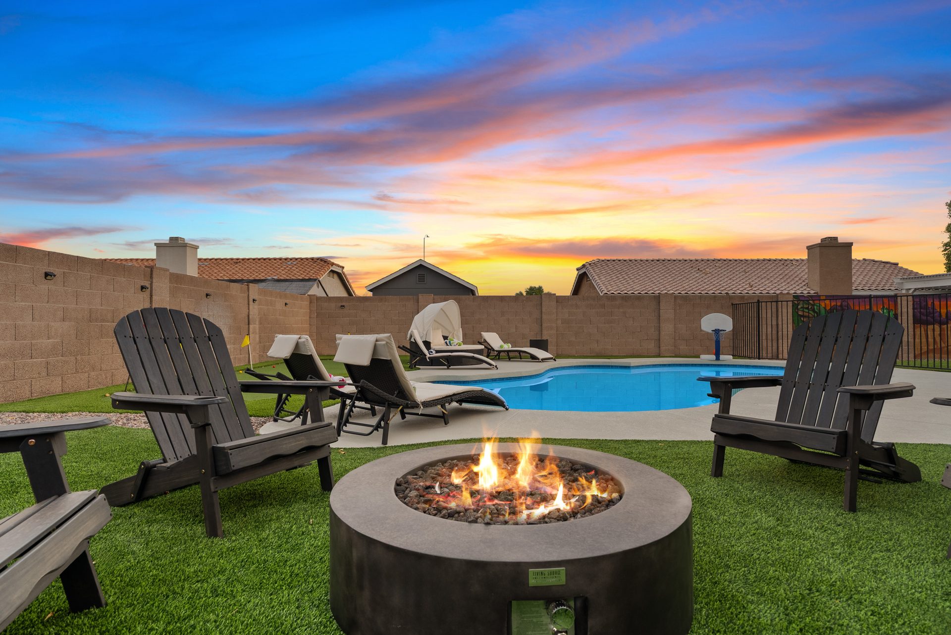 Backyard at sunset with fire pit